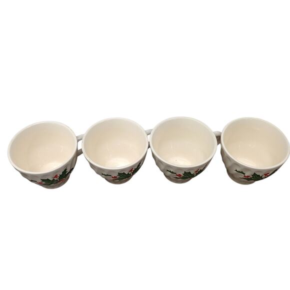 Vtg Scio Pottery Holly Berry White Swirled Ceramic Tea Coffee Cups Set Of 4 - Picture 2 of 5